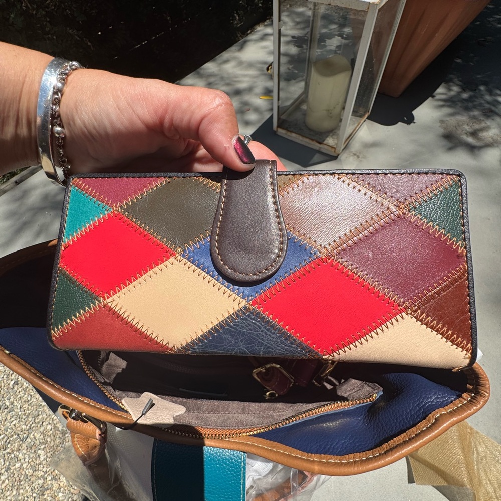 Harlequin Genuine Leather Multicolor Patchwork Tote Bag & wallet! NWT! - Picture 7 of 8